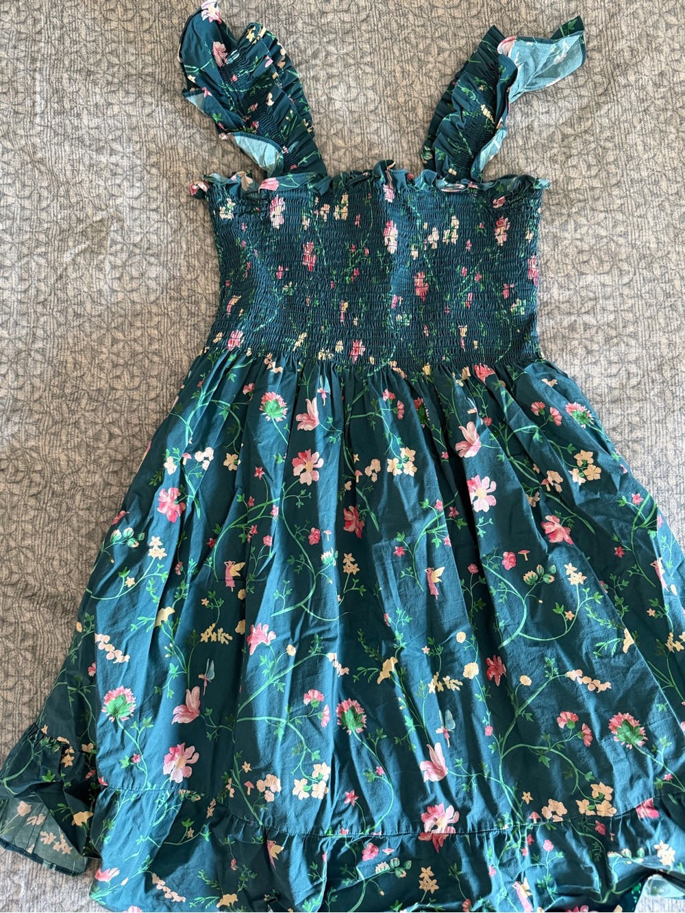 Hill House Mini Floral Smocked Ellie dress- Green with Fairies and Pink Flowers